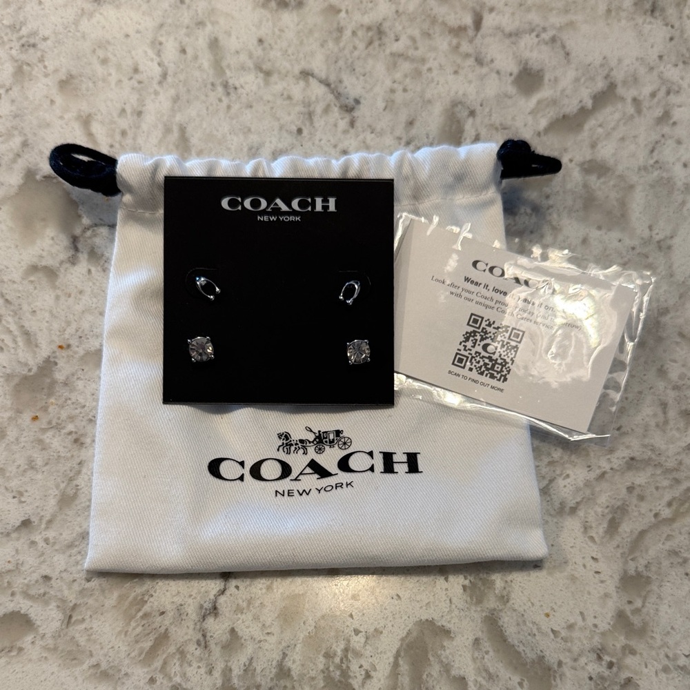 Coach Silver-Tone Clear Crystal Stud Earrings with White Logo Pouch —FAST SHIP